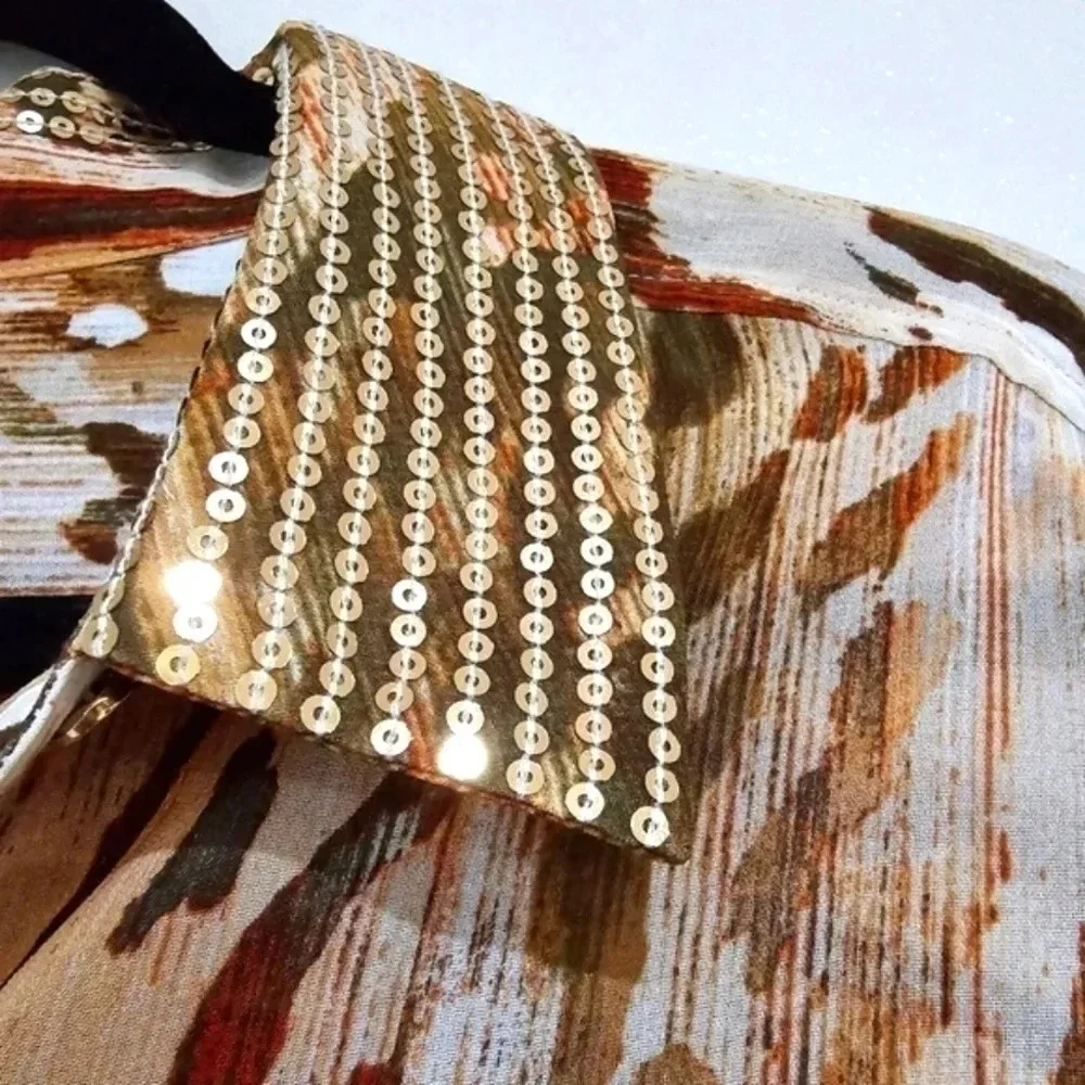 CHICOS 2 Neutral Zebra Chic Joceline Top Long Sleeve Sequin Collar - Picture 4 of 14